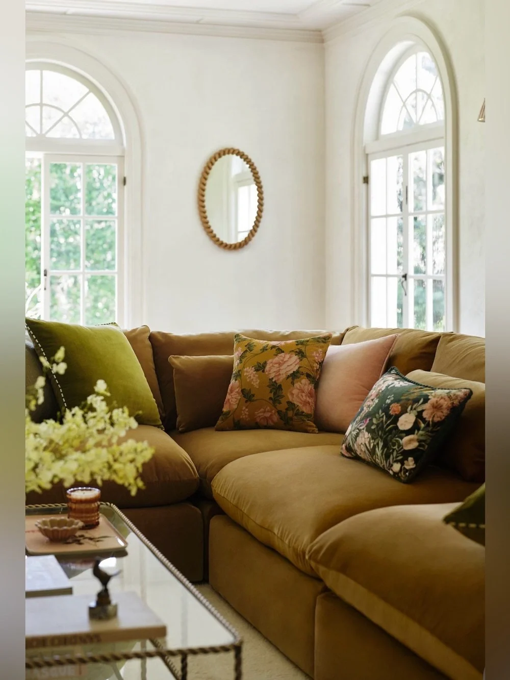 Anthropologie Celia Velvet Cord Floral Pillow, Mustard and Blush Pink